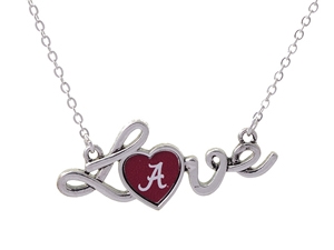 Alabama Crimson Tide Red Love Script Heart Silver Necklace